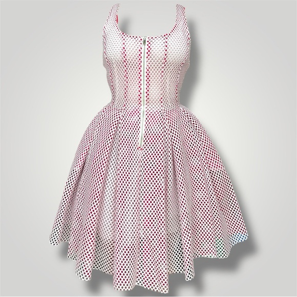 Maje White and Hot Pink Mesh Overlay Puff Dress